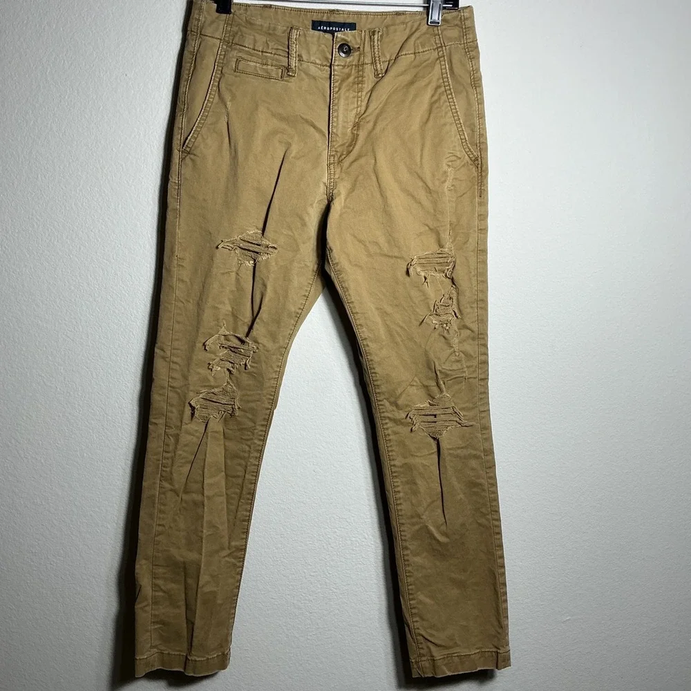 Aeropostale Chinos Mens 29/30 Khaki Tan Slim Straight Distressed Ripped‎ Pants